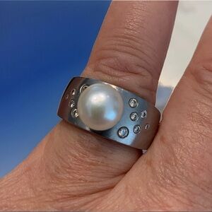 Rare Charlotte Ehinger Schwarz Ring Tahitian Pearl & Diamonds Stainless Steel 7